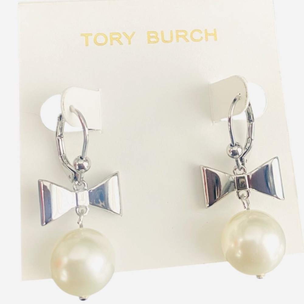 New Tory Burch Curiosity Silver Bow & Pearl Drop Earrings
